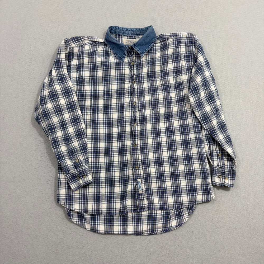 Vintage Riders Button Shirt Womens Large Blue Plaid Denim Collar Eagle Patch 90s